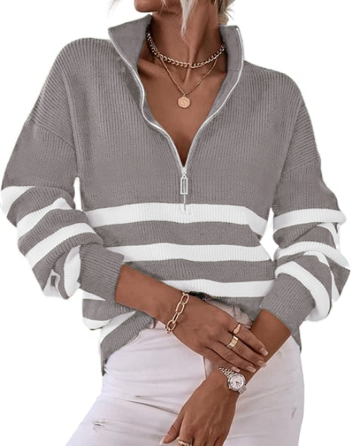 2025 Casual Long Sleeve Zipper Striped Pullover V Neck Ribbed Knitted Autumn and Winter Casual Pullover