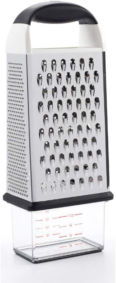 4-Sided Stainless Steel Box Grater with Measuring Container – Multipurpose Food Shredder & Slicer