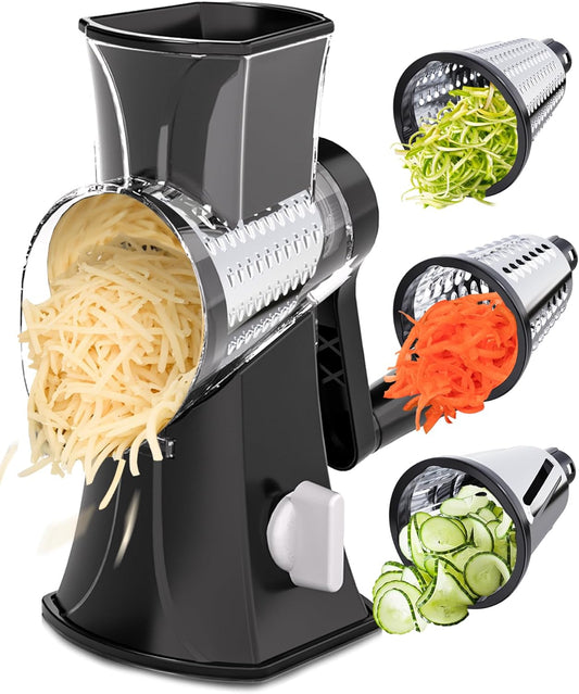 3-in-1 Rotary Cheese Grater Set – Manual Vegetable Slicer with Interchangeable Stainless Steel Blades & Suction Base