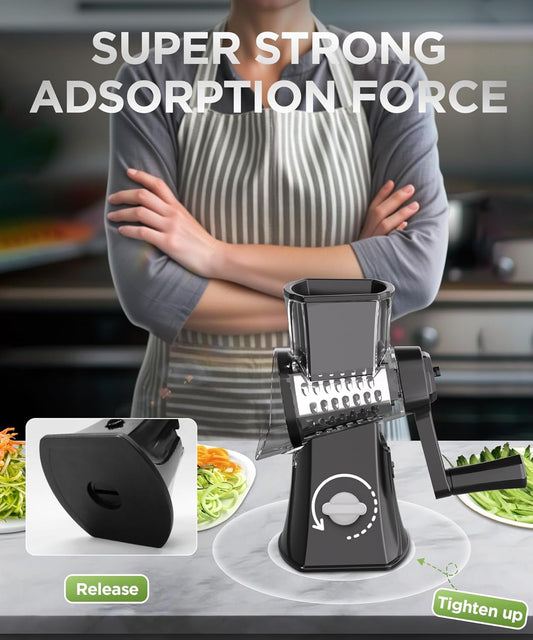 3-in-1 Rotary Cheese Grater Set – Manual Vegetable Slicer with Interchangeable Stainless Steel Blades & Suction Base