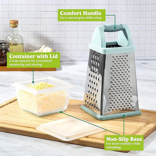 4-Sided Stainless Steel Box Grater with Handle & Container Base｜10-Inch Large Kitchen Shredder for Cheese & Vegetables