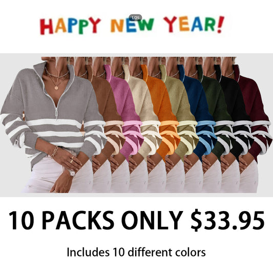 2025 Casual Long Sleeve Zipper Striped Pullover V Neck Ribbed Knitted Autumn and Winter Casual Pullover