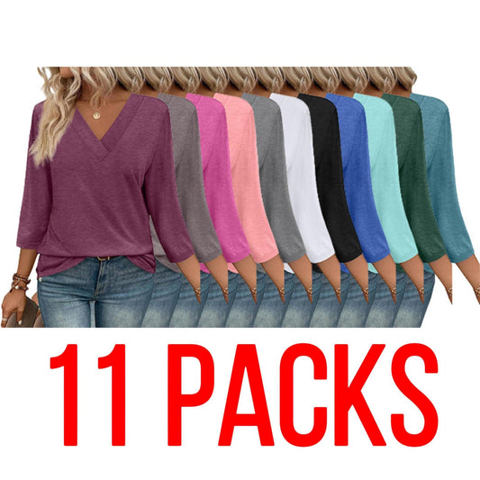 3/4 Length Sleeve Womens Tops V Neck Casual Tunic Tops Basic Shirts Loose Fit Blouse